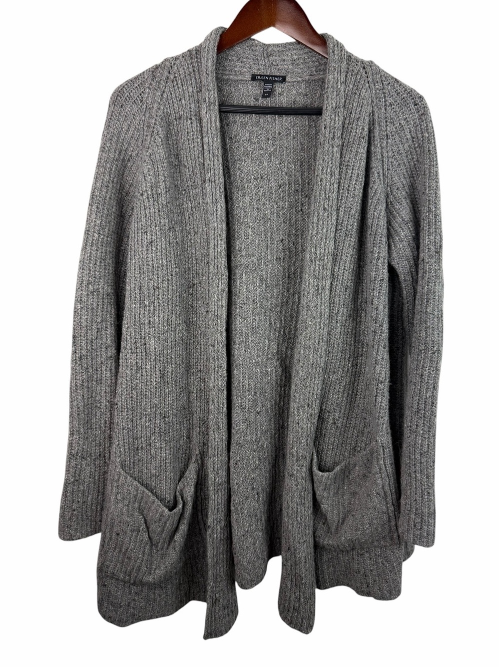 Eileen Fisher | Gray Open Front Ribbed Cashmere Wool Cardigan